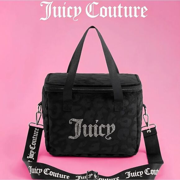 Juicy Couture Rhinestone Logo Embossed Leopord Velour Insulated Lunch Tote Bag - Picture 6 of 15